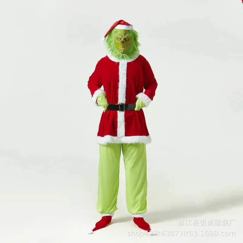 Kerstman Kostuum Set Kerstfeest Prom Volwassen Kostuum Rollenspel Halloween Kostuum Groen Shaggy Cosplay Pak Masker