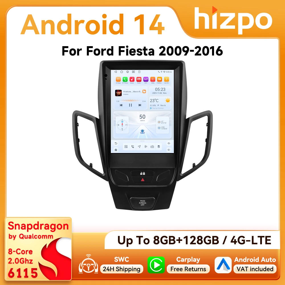 Autoradio Android Hizpo 9,7 pouces pour Ford Fiesta MK7 2009 - 2016, style Tesla, multimédia, CarPlay, 4G, BT, Snapdragon 6115, 360CAM