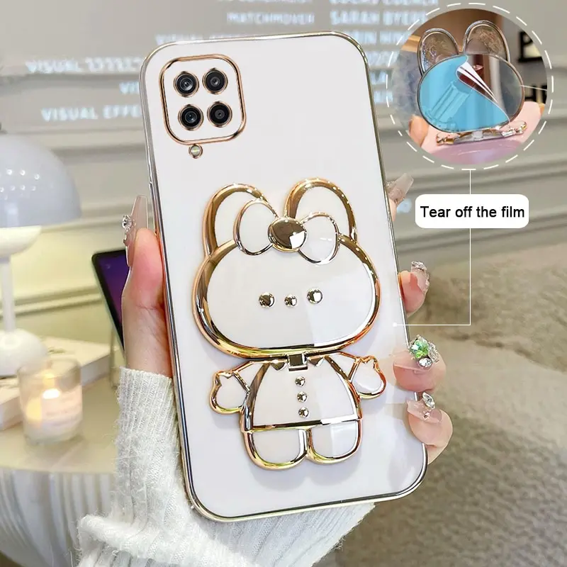 Makeup Mirror Phone Case For Samsung Galaxy A22 4G Plating Cartoon Rabbit Folding Bracket Phone Protection Case Cover