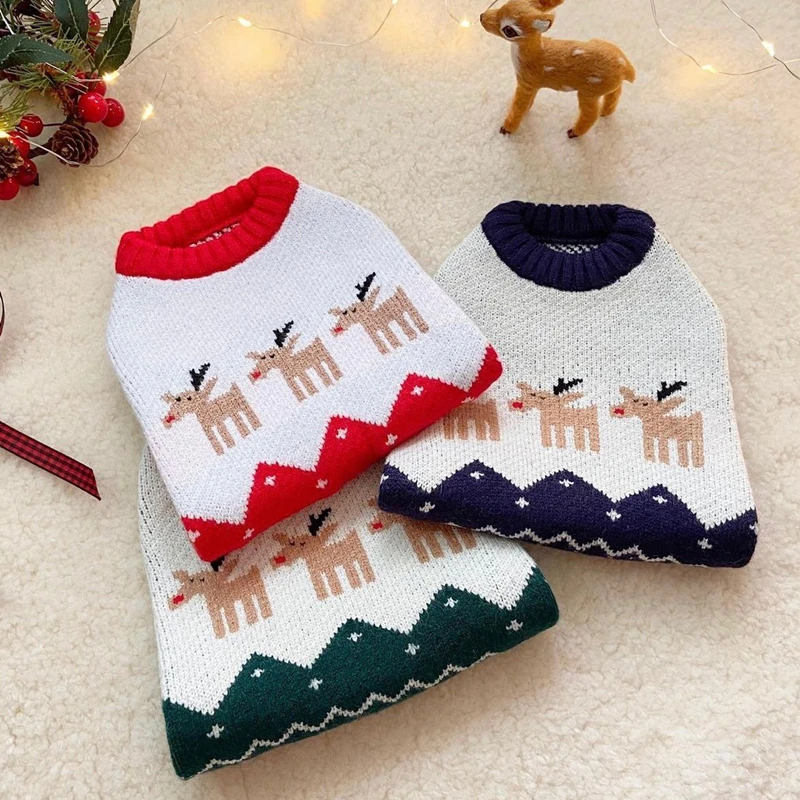 Classic Christmas Deer Dog Clothes Pet Knit Sweater Autumn Winter Teddy Pullover Bichon Warm New Year\'s Clothes