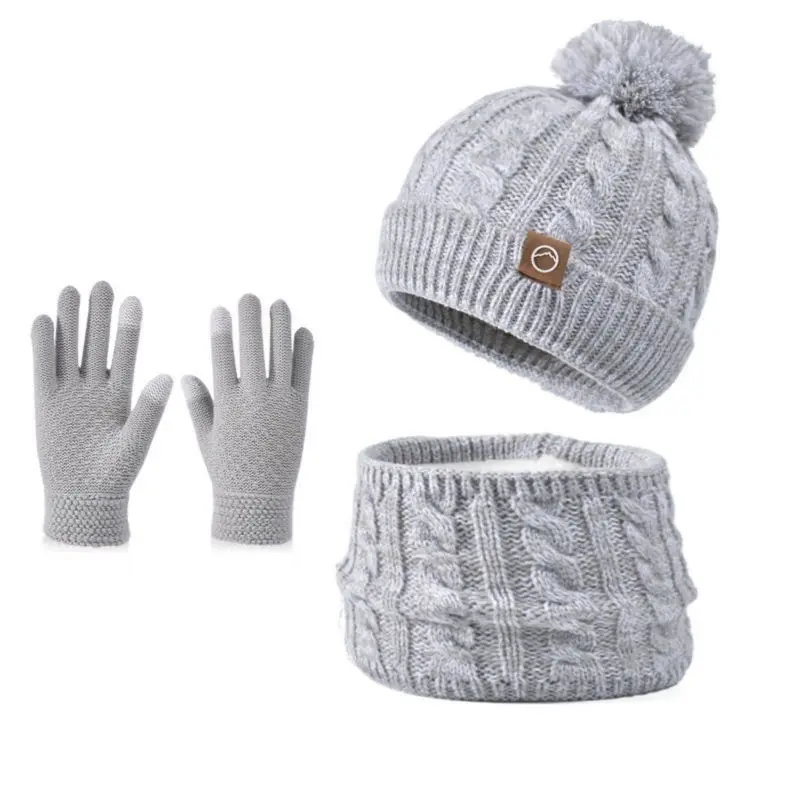 3PCS Winter Kids Beanie Hat Scarf Gloves Plush Lining Warm Children Knitted Hats Set Non Slip Gloves Neck Warmer Windproof Cap