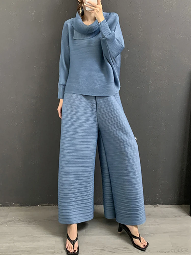 GVUW Pleated Pants Set Women Fashion Lapel Full Batwing Sleeve Loose Top + Wide Leg Trousers New Summer 2024 Clothing 17G6138