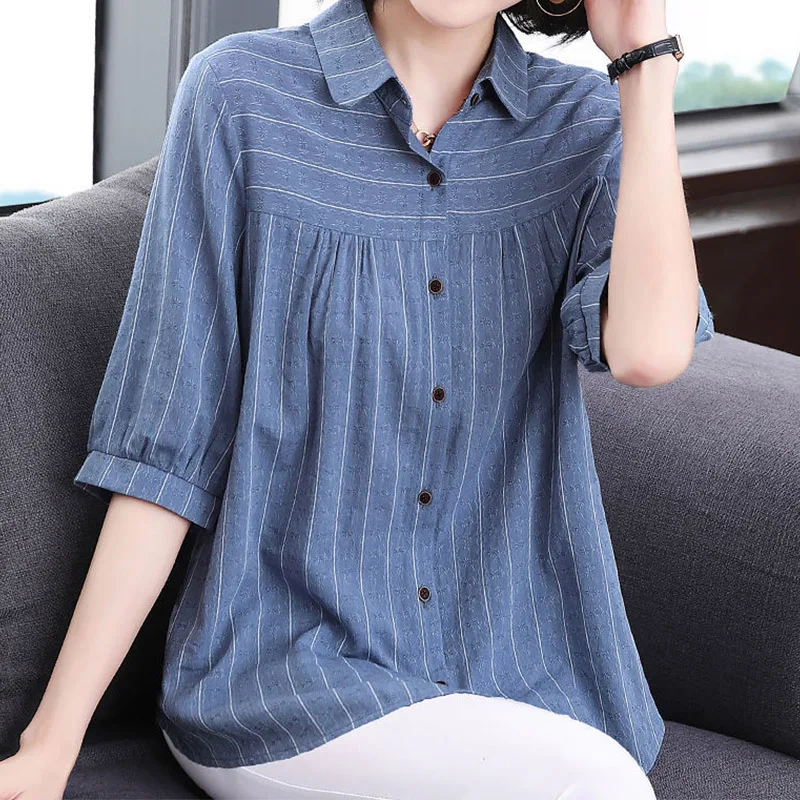 Casual Fashion Elegant Solid Color Striped Printed Button Shirt Summer 2023 New Polo-Neck Half Sleeve Loose Tops Ladies Clothing