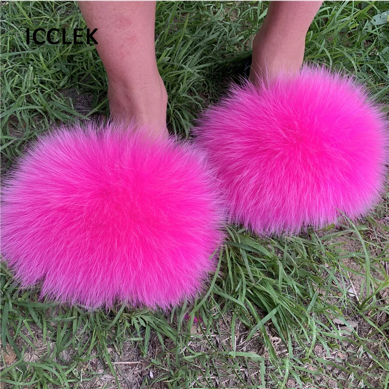 Full Fur Slippers Women Indoor Real Fox Fur Slides Fluffy Furry Flip Flops Beach Flat Sandals Plush House Slippers Summer Shoes