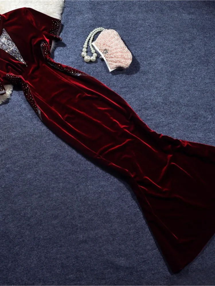 

New velvet diamond-encrusted elegant fishtail long cheongsam fashion show performance date dress