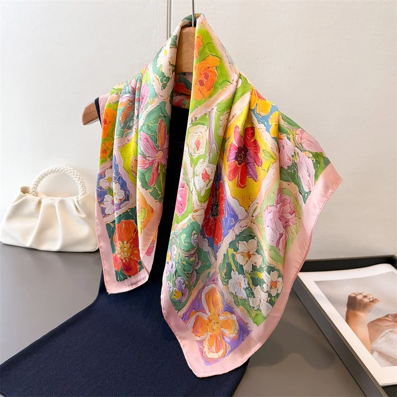 

Luxury Floral Square Scarf For Women Elegant Ladies Hijab Neckerchief Shawl Solid Soft Stain Imitation Silk Scarves For Travel