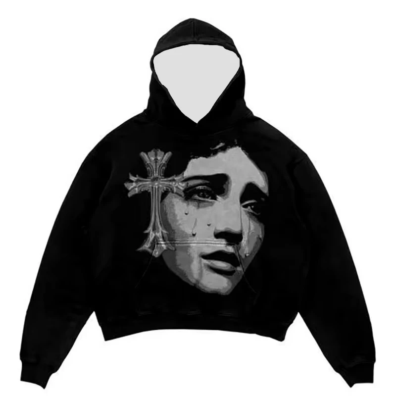 2000s Vintage Men\'s Streetwear Portrait Comic Print Long Sleeve Oversized Hoodies Y2K Gothic Harajuku Pullovers Sport Clothes