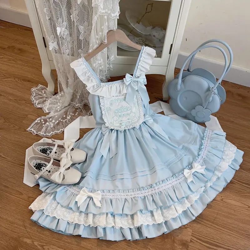 

MAGOGO Japanese Kawaii Lolita JSK Dress Women Sweet Bow Sleeveless Ruffles Princess Party Dresses Girly Tiered Cake Strap Dress