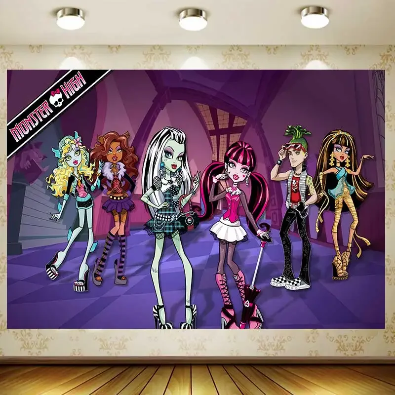 Tapisserie de fête d'anniversaire haute résolution, dessin animé fille monstre Vampire, fournitures de bannière, arrière-plan de décoration pour fête prénatale pour enfants