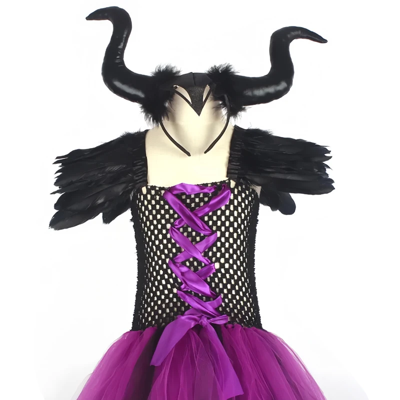 Maleficent Costume Dress Halloween Girls Fancy Christening Black Glam Gownprom Kids Cosplay Demon Queen Witch Clothes