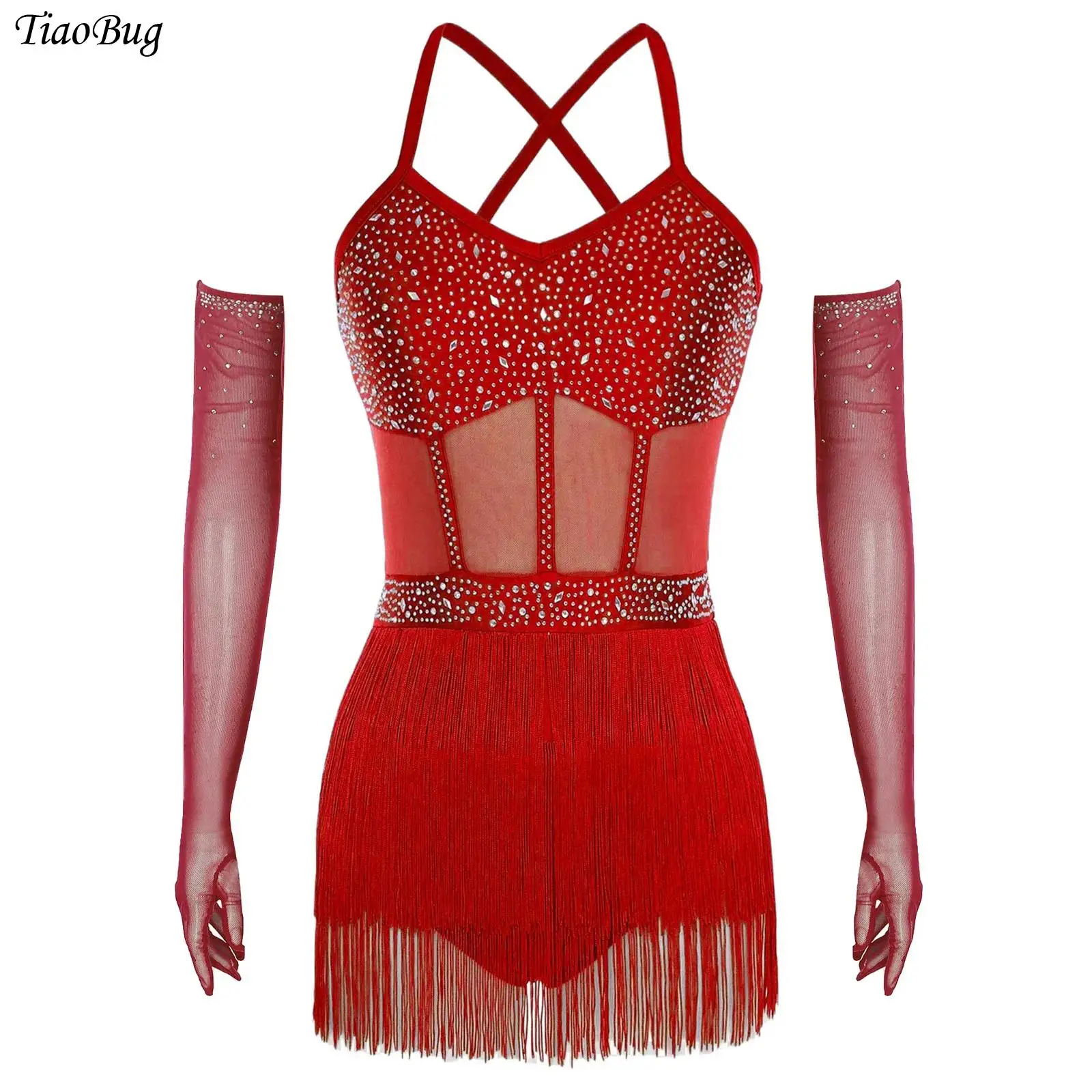 

Women Tassel Latin Dance Leotard Dress Rhinestone Sheer Mesh Fringed Bodysuit +Gloves Outfit Cha-cha Tango Ballroom Skating Show