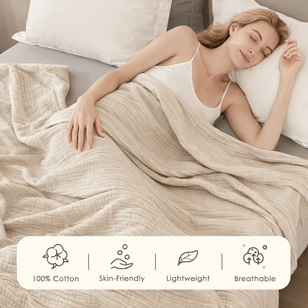 100% Cotton Muslin Blanket 6 Layers Breathable Lightweight Soft Gauze All-Season Multipurpose for Couch and Bed