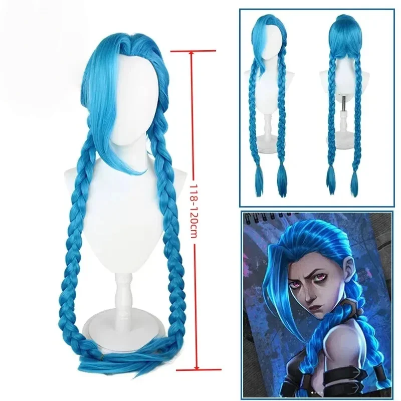 

Парик для косплея LOL Jinx, длинный плетеный синий парик с синей косой, термостойкие синтетические волосы, аниме-парик и шапочка для парика