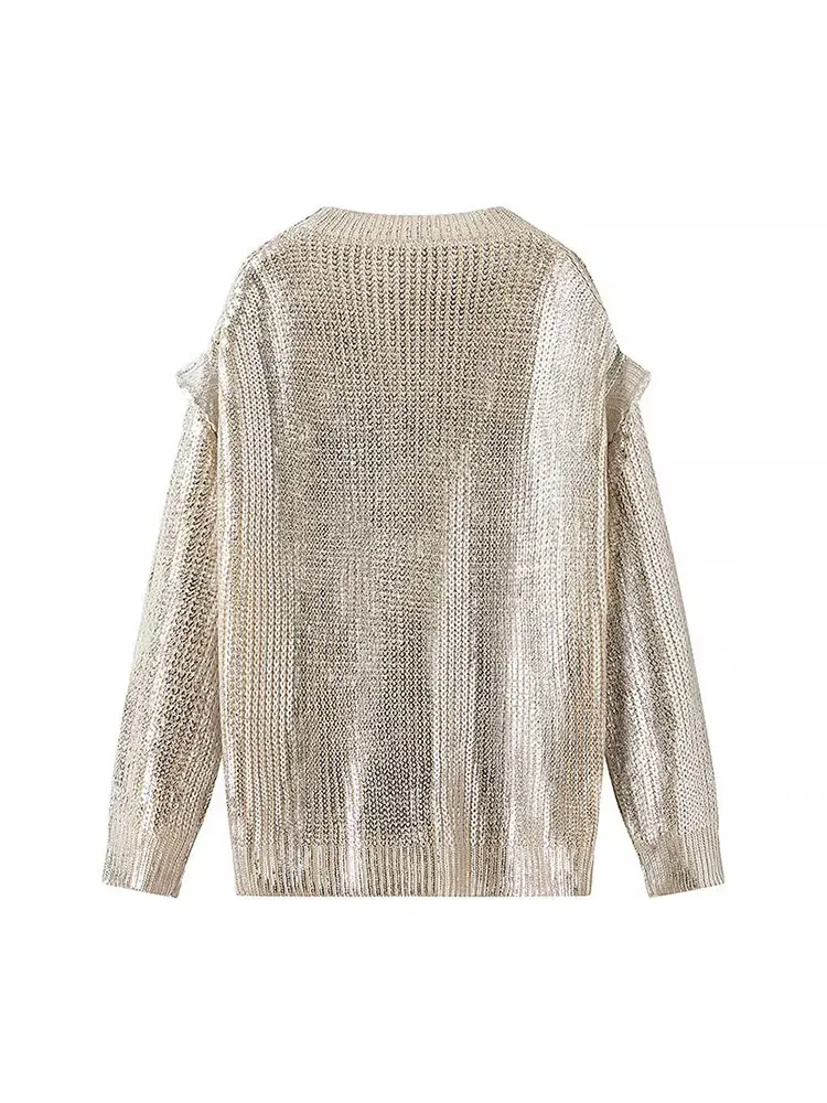 TRAF 2024 Autumn Gold Foil Sweater Women Metallic Knitted Sweaters for Women Luxury Pullovers Long Sleeve Sweater Woman Jerseys