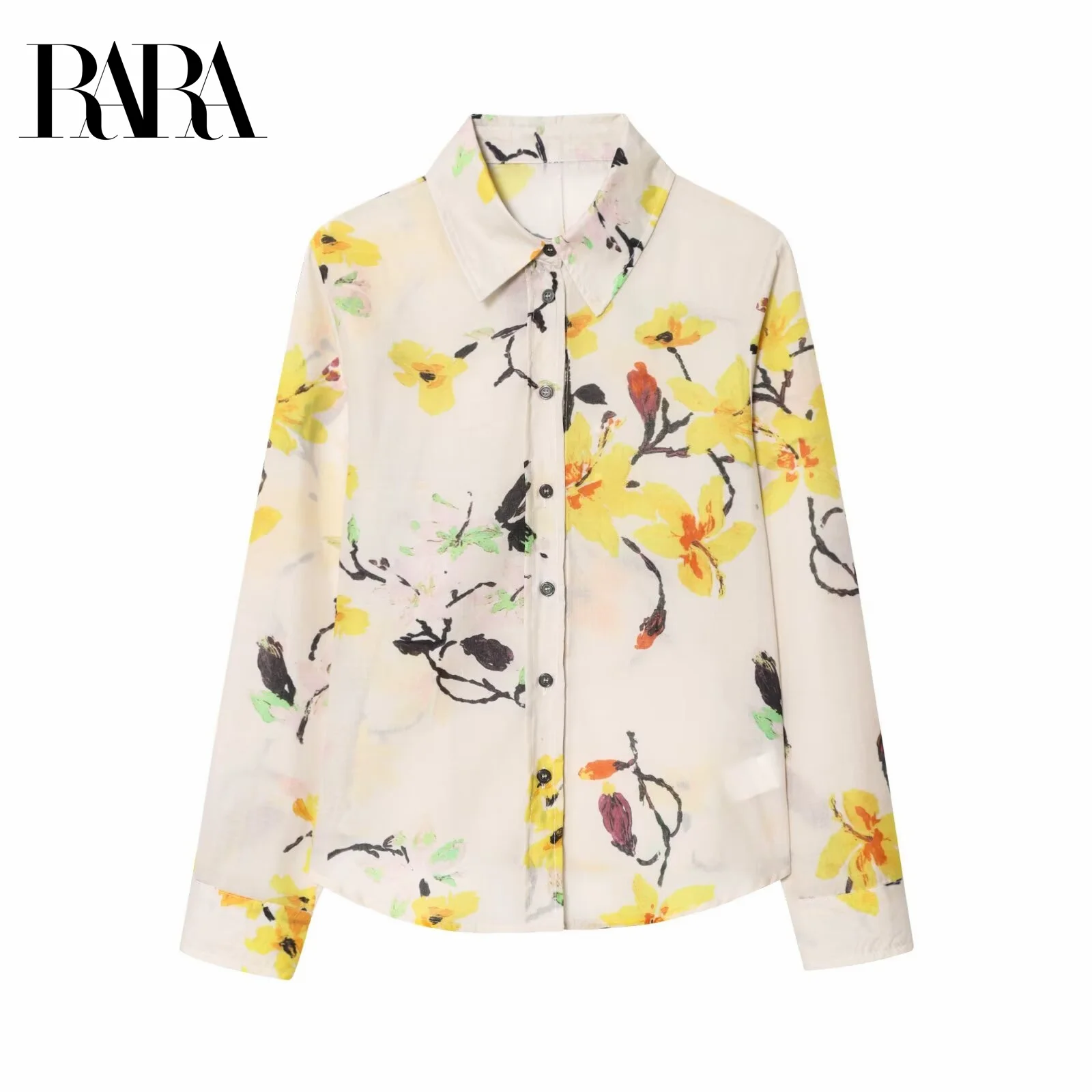 

RARA2025 autumn new women's casual fashion temperament loose single-breasted flower print lapel long-sleeved shirt