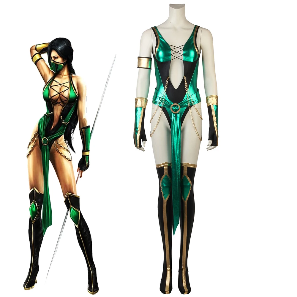 

Mortal Kombat X Jade Cosplay Game Costume Women Sexy Deep V-neck Green Bodysuit Full Set Halloween Carnival Battle Jumpsuit