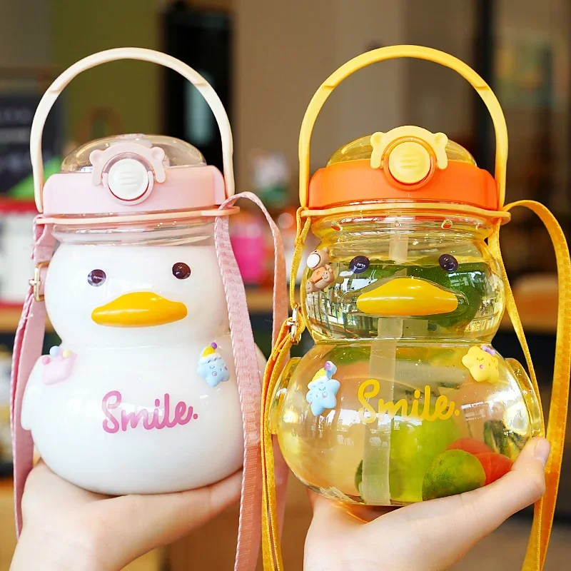 1000ML Cute Duck Water Bottle With Straw Kawaii Kids Water Bottles Large Capacity Plastic Straw Cup Drinking Bottle BPA Free