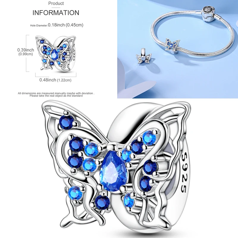 Schmetterlingsanhänger 925 Sterling Silber Rosa Blau Regenbogen Perlenanhänger Passend für Europäische Armbänder DIY Schmuck Geschenk für Frauen und Mädchen 2026 – Detail 36
