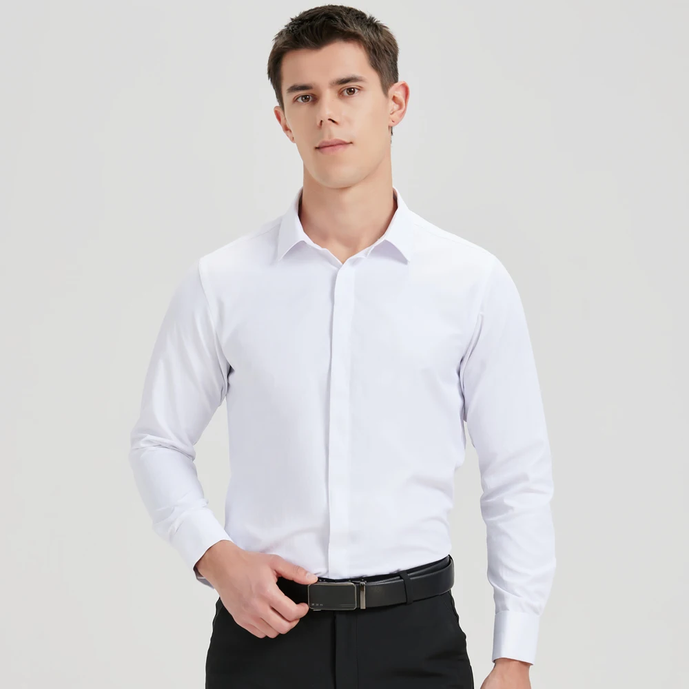 Men's Classic Hidden Buttons French Cuffs Solid Dress Shirt Formal Business Regular-fit Long Sleeve Shirts (Cufflink Included) image 3