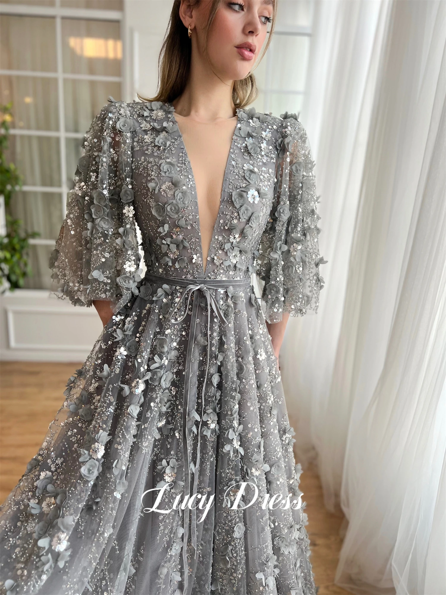 Wedding Party Ball Gown Grey Evening Dress Graduation V-neck Elegant Dresses for Ladies Evones Prom Deess Long Gala Customized