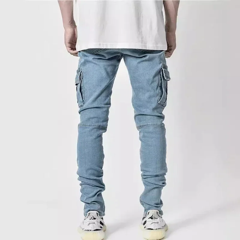 Solid Color Multi Pockets Casual Skinny Male Trousers Stylish Tide Brand Men Cargo Narrow Leg Denim Pants Elastic Slim Fit Jeans