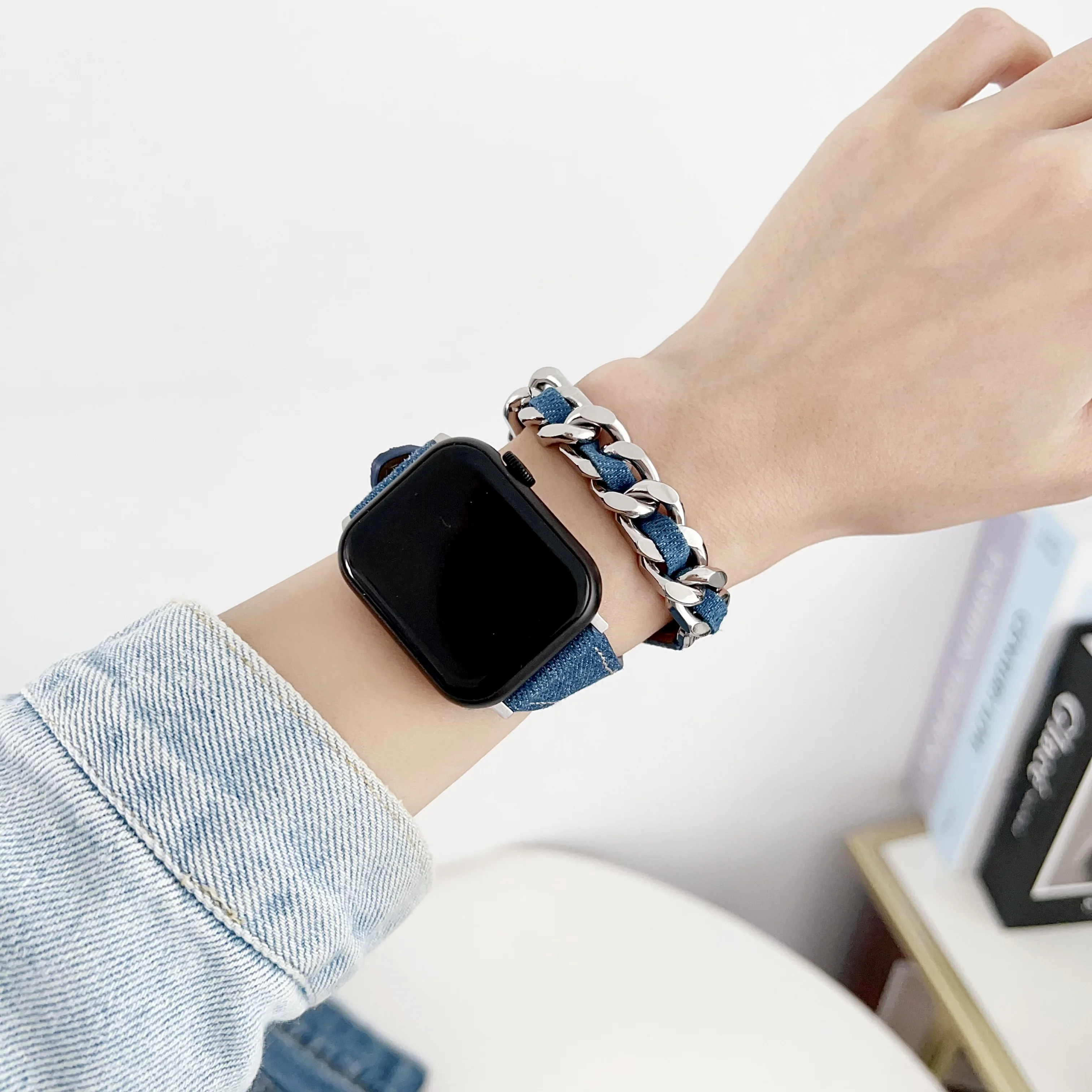 سلسلة ملابس دينيم لشريط ساعة أبل للنساء ، سوار ، إيوتش 987654321se موضة فائقة ، فولاذ مقاوم للصدأ ، 40 ، 41 ، 42 ، 44 ، 45