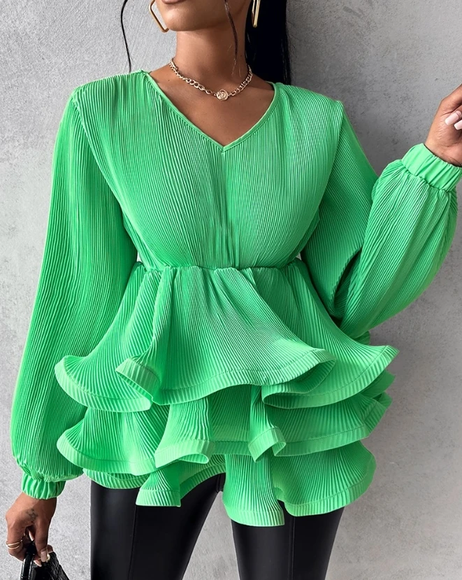 

New Fashion Women Top 2024 Early Spring Temperament V-Neck Solid Color Layered Ruffle Hem Top Long Sleeve Casual Style Blouses