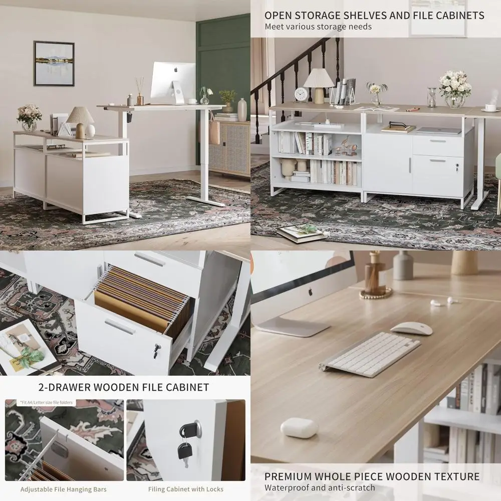 

Электрический L-образный стол с регулируемой высотой, шкафом для хранения и полками, отделка светло-орехового цвета