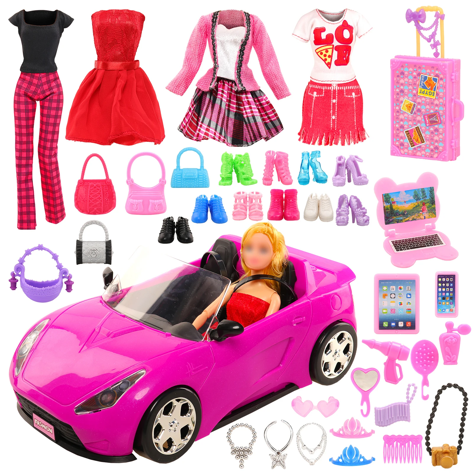 

Barwa Doll 36 Piece Set -1 Rose Red Car (With 11.5''Doll )+4 Clothes+Light Pink Computer 3-Piece Set+1 Suitcase（Includes Dolls）