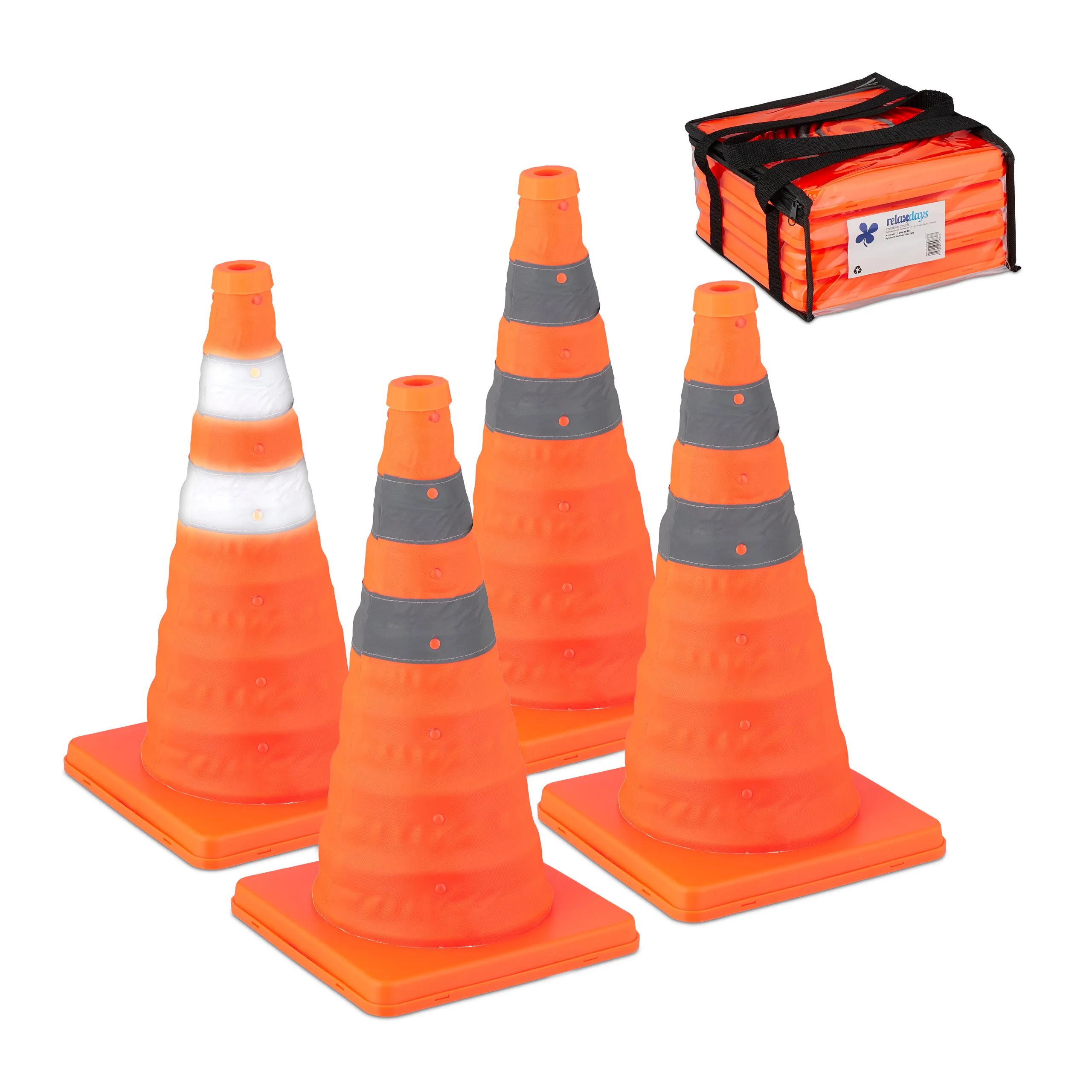Image of Leitkegel 4er Set, faltbar, für Absperrung, Reflektorstreifen, Tasche, 45 x 24,5 x 24,5 cm, Polyester/Kunststoff, orange/silber, Warnkegel, Relaxdays