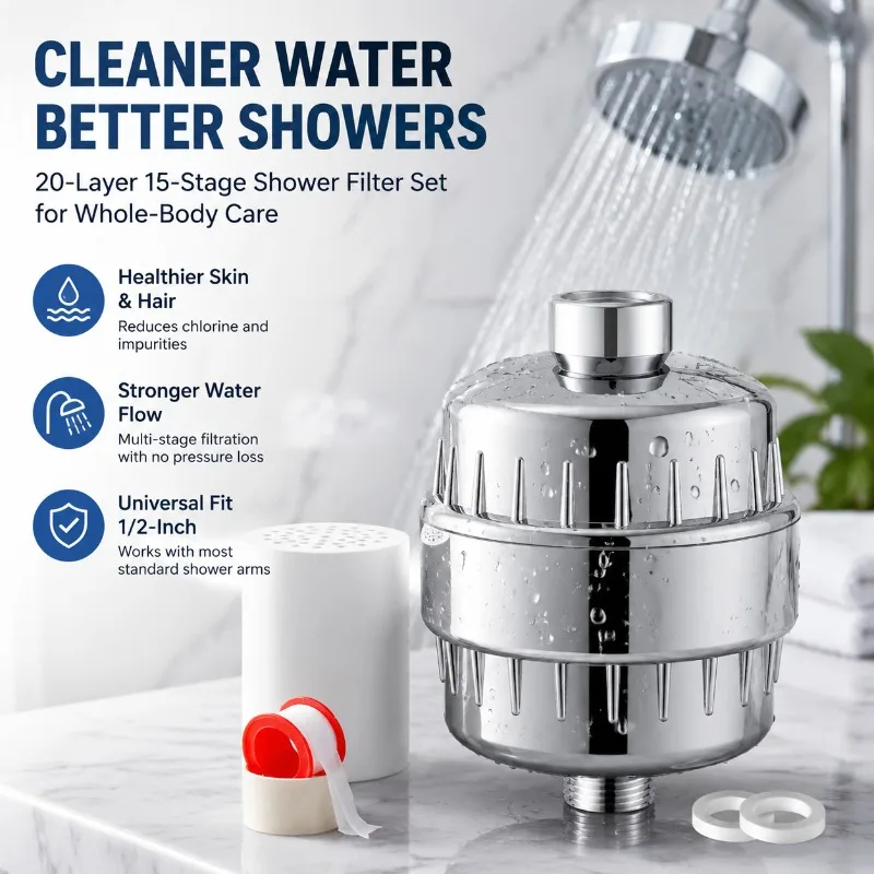 20-Layer 15-Stage Shower Head Water Filter Set, Home Bathroom Filtration System with Replacement Cartridge, Universal 1/2-Inch
