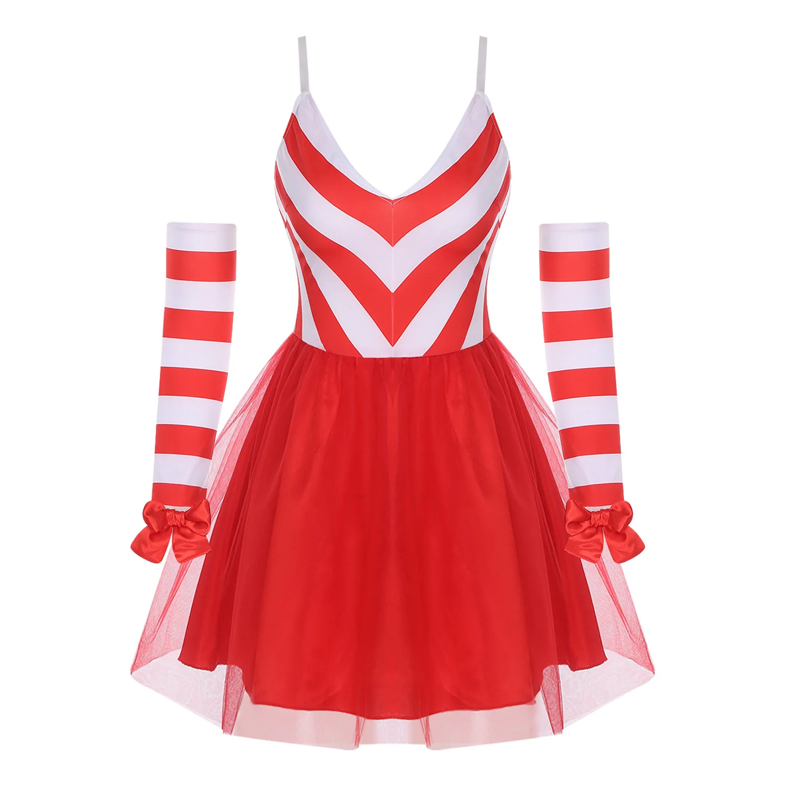 المرأة عيد الميلاد قصب الحلوى زي الخامس الرقبة قابل للتعديل الكتف الأشرطة فستان عيد الميلاد مع قفازات القوس لعطلة عيد الميلاد السنة الجديدة
