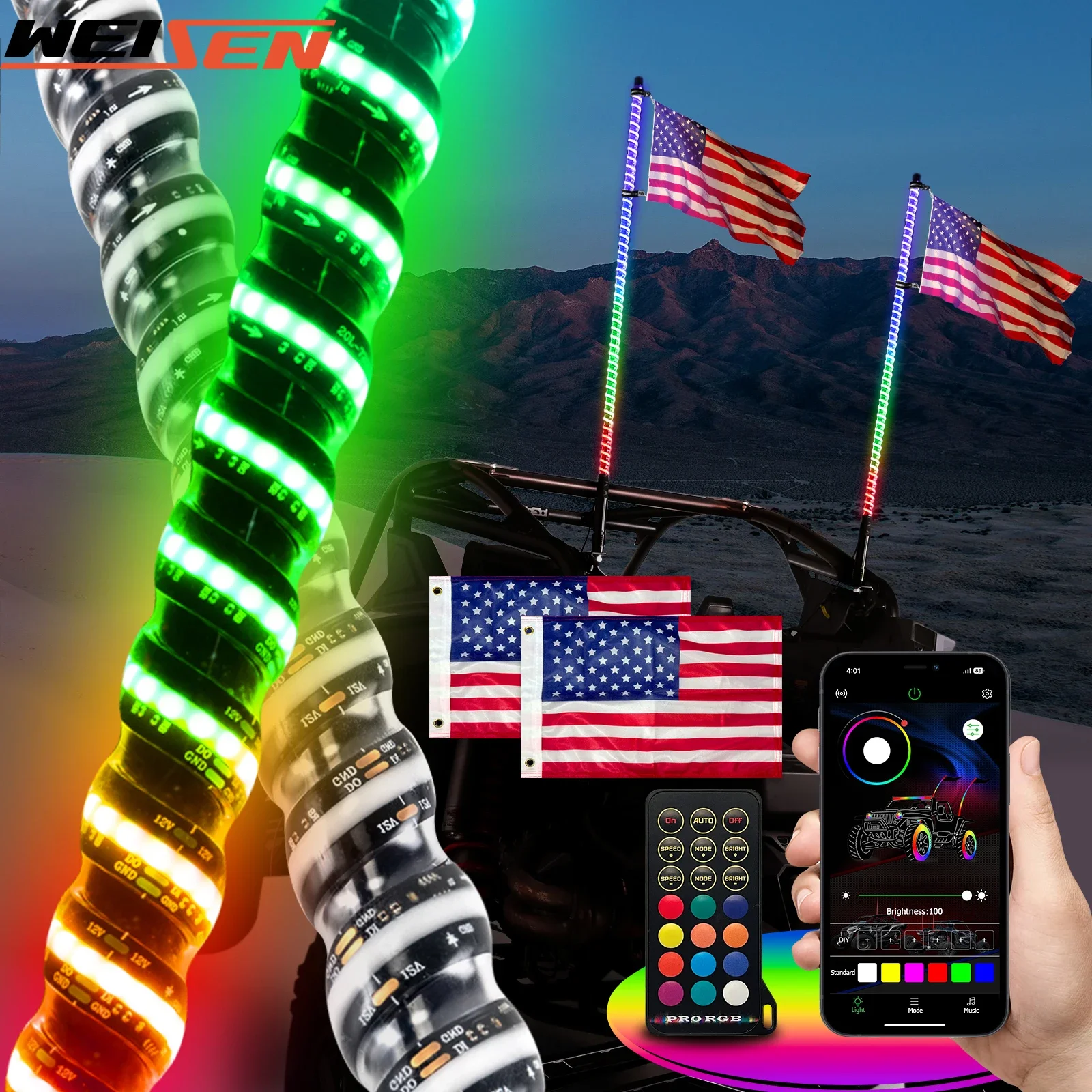 

4FT Chasing RGB LED COB Antenna Spiral Whip Light 360°Spiral for UTV、ATV、SUV、Car、Golf Cart、Truck、Boat、RZR、Can-Am、Polaris、Jeep