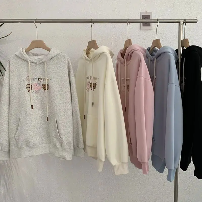 Embroidered letter beading hooded loose long-sleeved mid-length pullover sweatshirt autumn Korean style for women