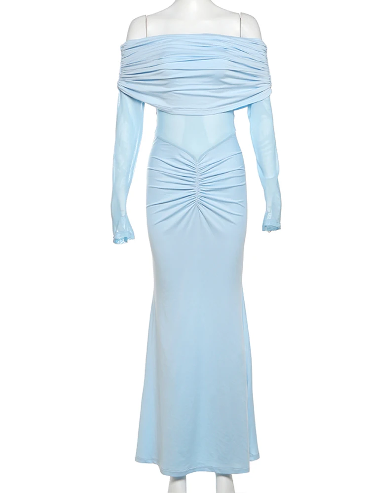Macheda Ruches Slash Neck Jurk Dames Mesh Patchwork Volledige mouw Nieuwe Trend Midnight Party Ruches Elegante Klassieke Lange Bodycon