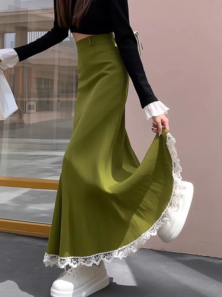 Summer High Waist Lace Splice Long A-Line Skirt Women's Slimming Flattering Fi Tail Skirt Korean Sle f Body Skirt