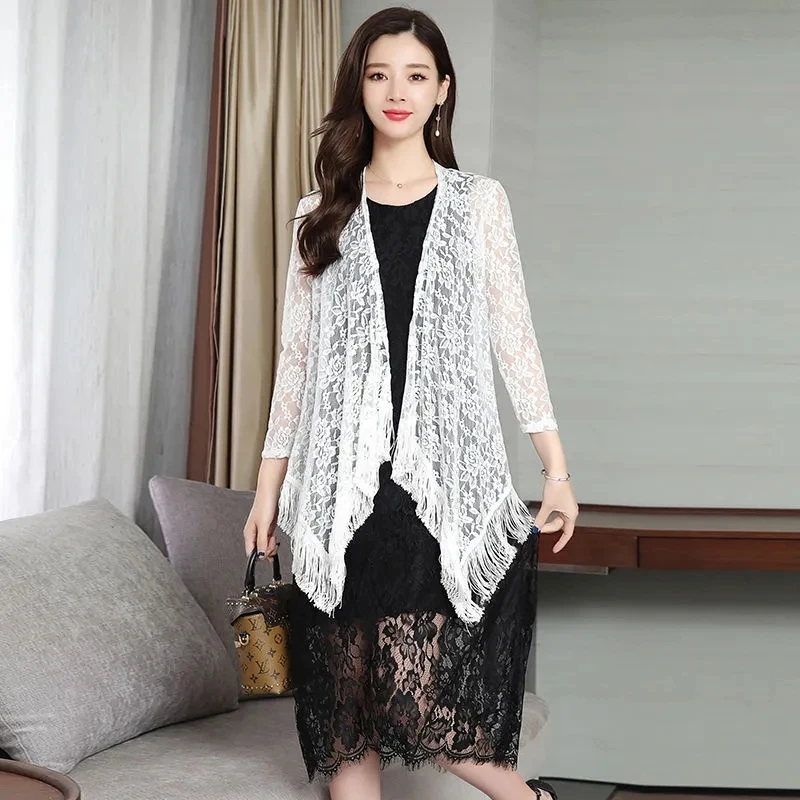 

Fashion Women Medium Length Spring Summer Sunscreen Lace Shawl Jacket Seaside Vacation Cardigan Office Lady Clothing Party Gift