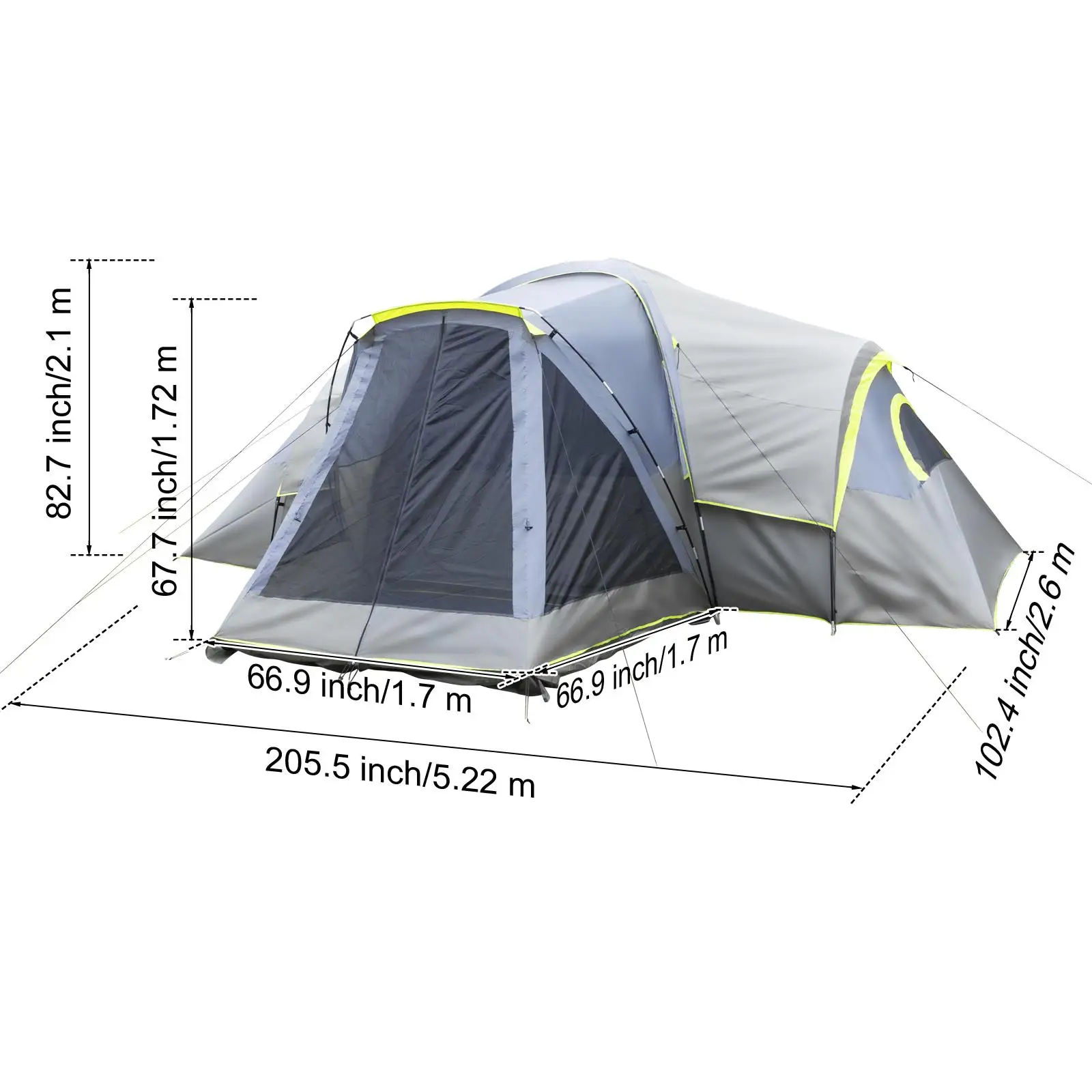 10-Person Family Camping Tent - 522260210cm, Dark Gray, 3 Rooms, Durable Polyester & Fiberglass Poles