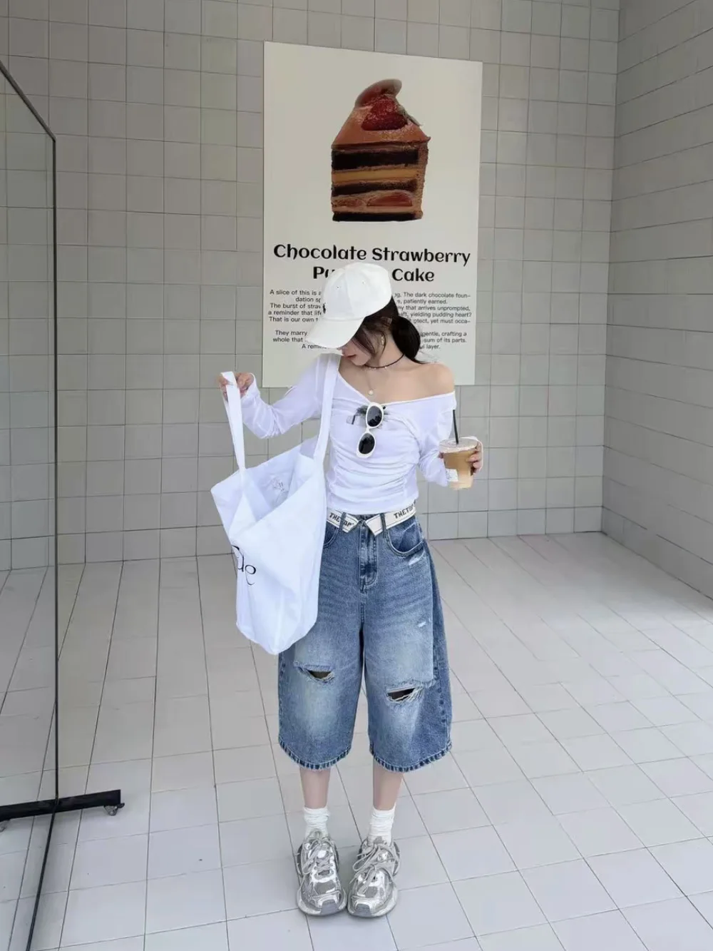 

High Waist Distressed Seven-Five Denim Jeans Women's American Flip Summer New Design Loose Wide Leg Mid-Pants