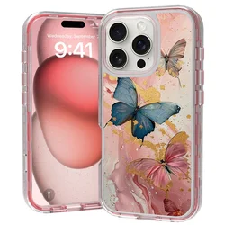 Fit iPhone 16 Pro 6.3, 3 in 1 butterfly Flower Pattern Full Body PC+TPU Shockproof Protective Case For iPhone 16 Pro max 6.9
