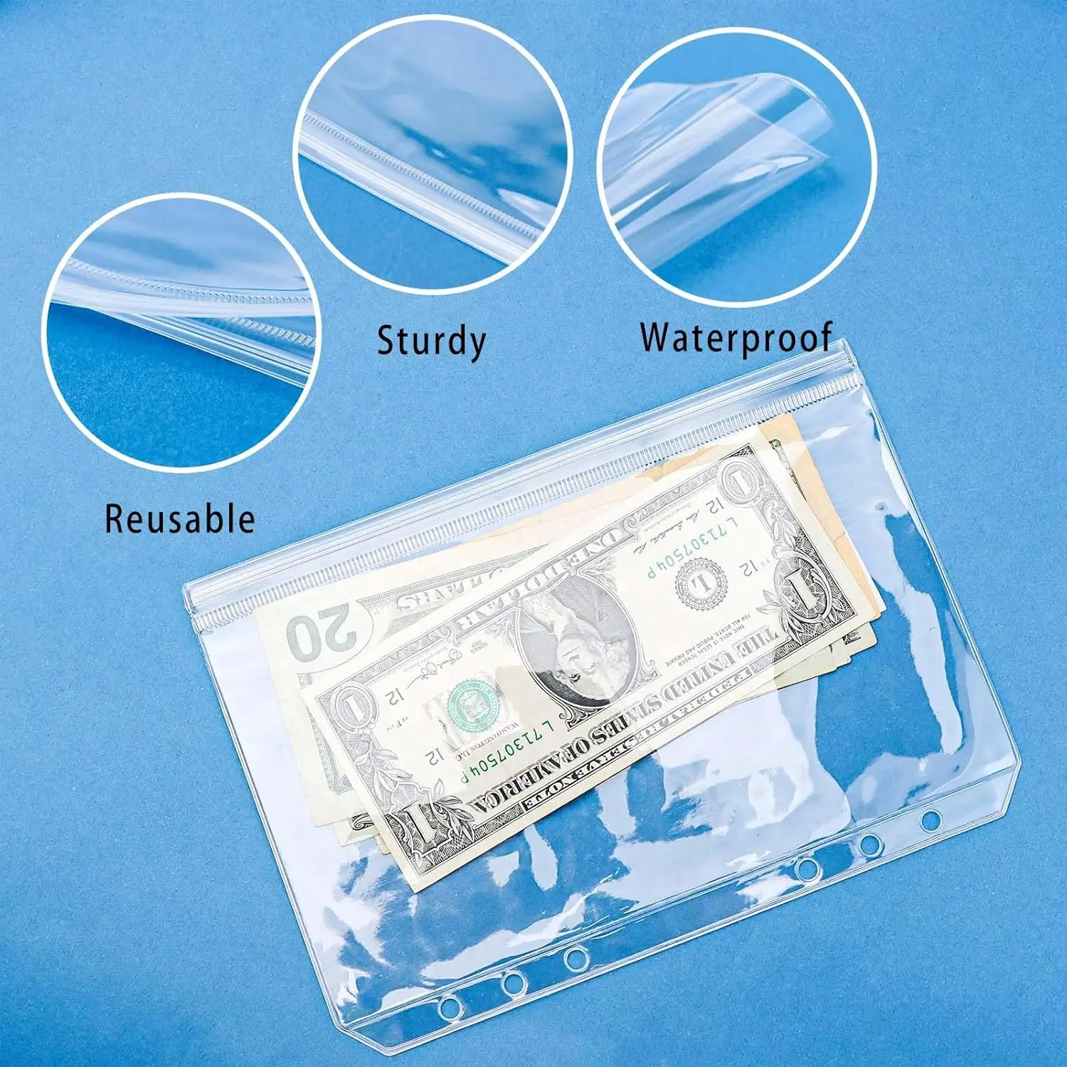 12pcs A5 A6 A7 dual use Binder Pockets,Transparent Zipper Folders and Side open Folders, ﻿6 Holes Waterproof PVC Cash Envelope