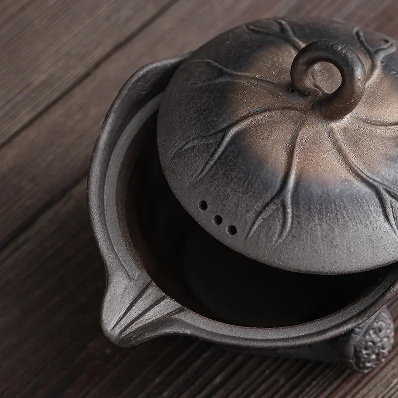 Lotus Leaf Hand-Held Pot Old Rock Mud Gilt Iron Glaze Kung Fu Tea Set Handmade Coarse Pottery Teapot Tea Bowl  Ceramic Gaiwan