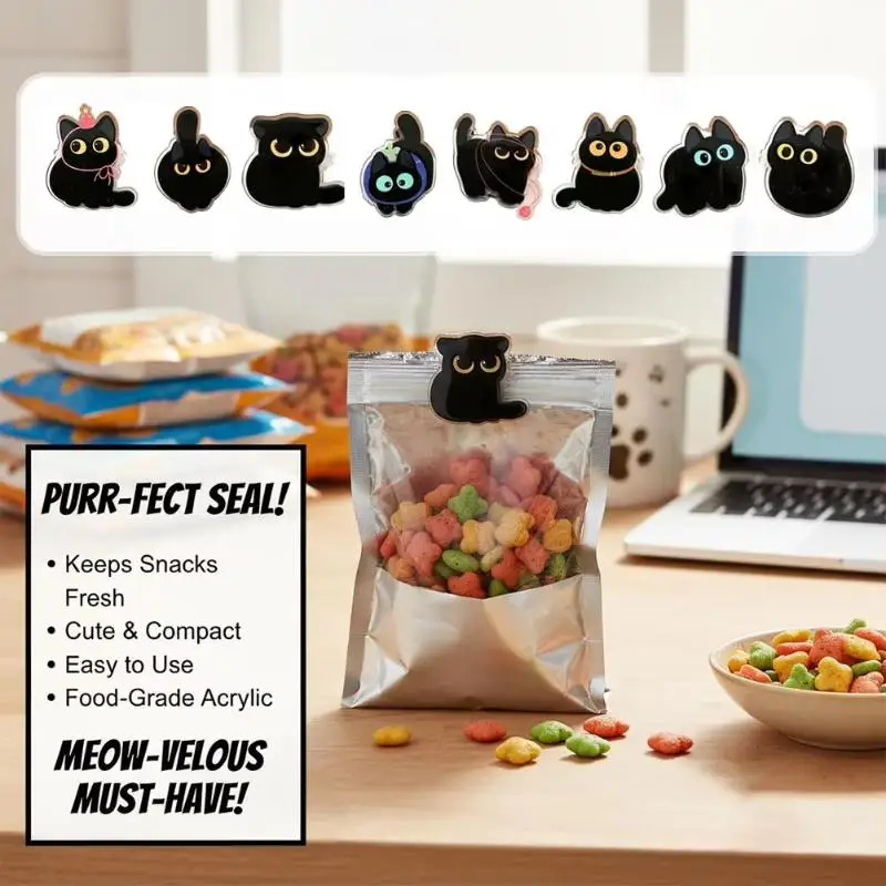 8 Stück Lebensmittel-Aufbewahrungsclips, kreative Snack-Clips, schwarze Katzen-Tütenclips, Gewürzbeutel-Frischhalteclips, feuchtigkeitsbeständig, niedliche Verschlussclips, Küchenhelfer – Detail 3
