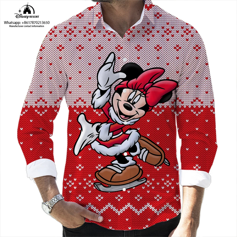 Winnie the pooh e mickey anime natal novo outono disney casual impressão a cores 3d manga longa lapela camisa fino ajuste masculino topos