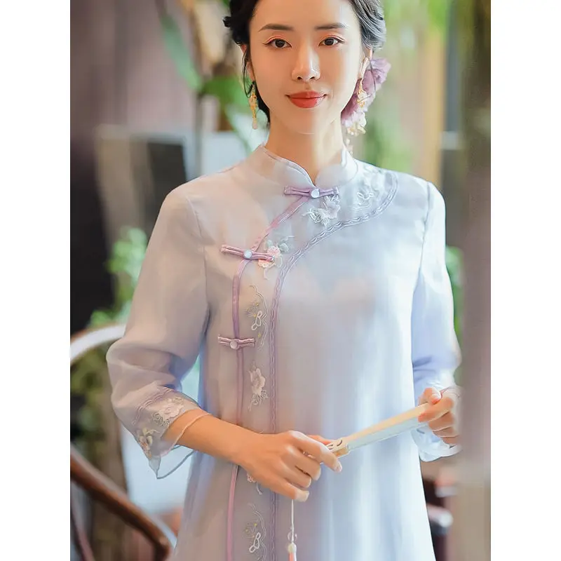 2023 ao dai chiffon long aodai women vietnam print flower cheongsam vintage mandarin collar elegant vietnam traditional dress