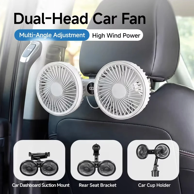 New Model Dual-Head Car Fan USB-Powered Rear Seat Fan with Multi-Angle High-Powered Mount and Rechargeable Battery
