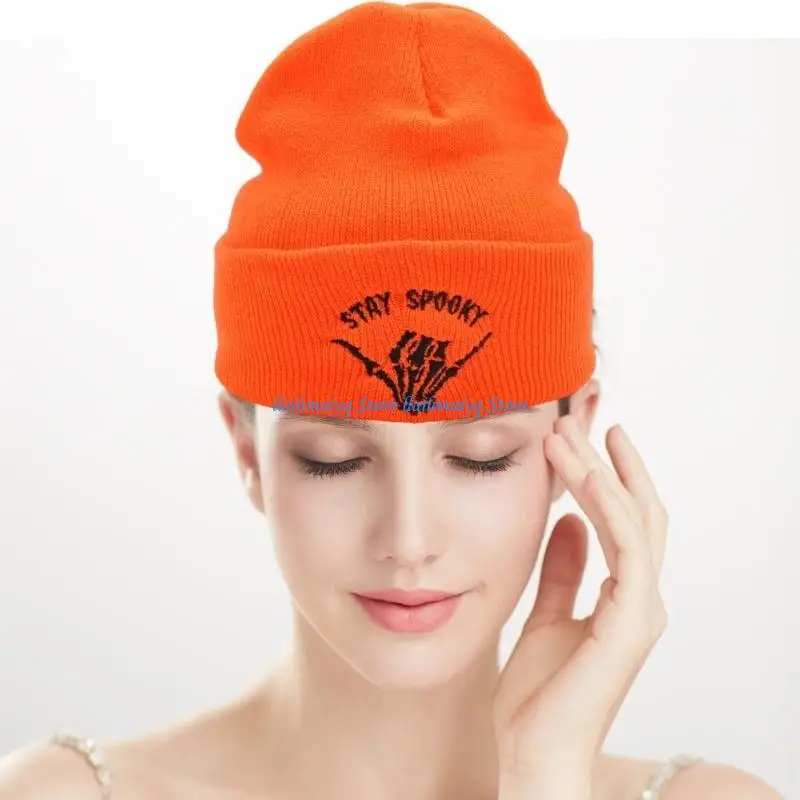 

573B Knit Beanie Hat for Women Fashion Embroidery SkeletonHand Hat Handcrochet Soft Hat Female Men Unisex Warm Sport Headwear