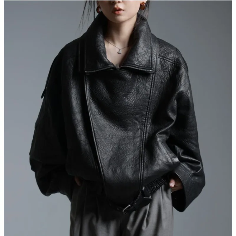 Men's and Women's Spring Autumn Models Super Good-looking Versatile Loose Leather Jacket Popular Unique Design Motorcycle Jacket