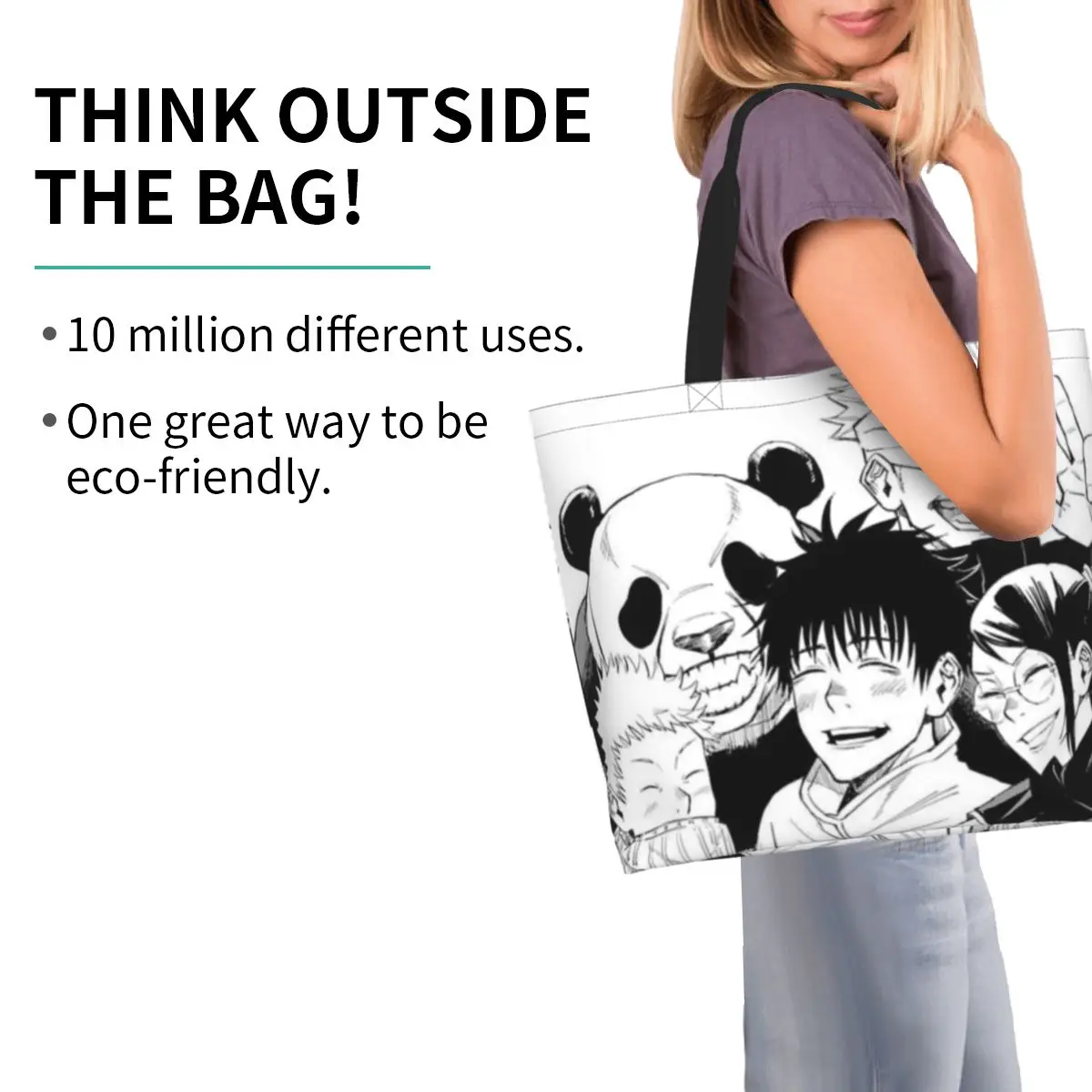 Jujutsu Kaisen 0 حقيبة تسوق قماش سعة كبيرة حقائب كتف للمتسوقين حقيبة يد البقالة للنساء