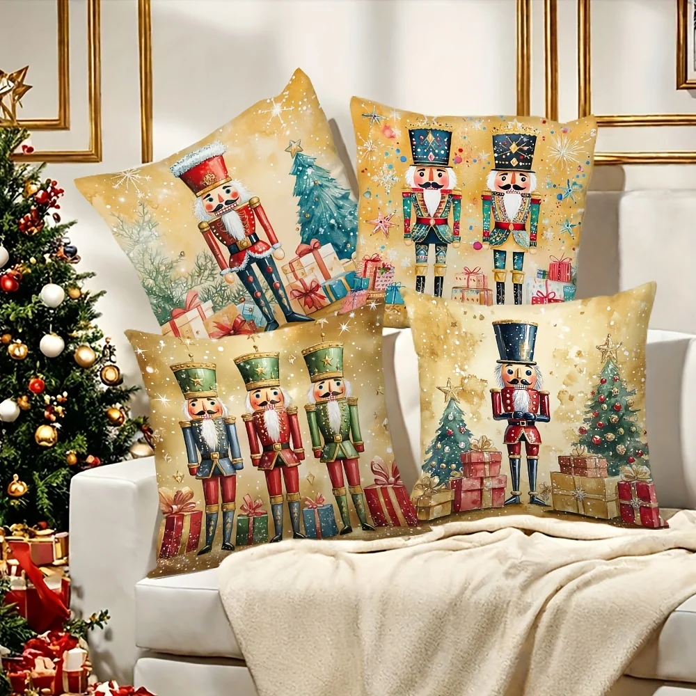 1pc 2D Flat (Pillow Not Included) Festive Nutcracker Soldiers Christmas Cushion Cover Short Plush Holiday Gift Decor ThrowPillow